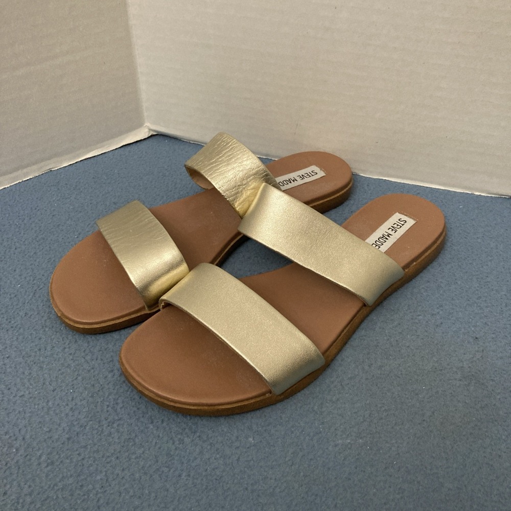 Steve Madden Gold Leather Dual (Double) Strap Strappy Flat Sandals - SZ 7.5 M